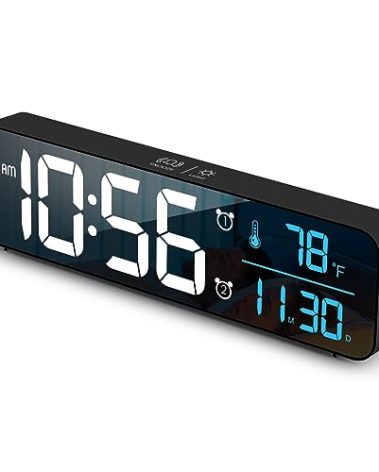 Abovsare Digital Clock for Bedroom, Clocks for Living Room Decor, Desk Table Clock, Alarm Clock Large Display with Date Week Temperature, Automatic Brightness Dimmer, Smart Cool Modern (Black Blue)