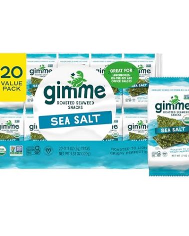 Gimme Seaweed Organic Premium Roasted Seaweed Snacks, Sea Salt, 20 Count, Keto, Vegan, Gluten-Free, Great Source of Omega3s and Iodine, Healthy On-The-Go Snack for Kids and Adults