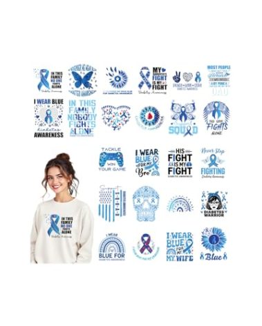 Diabetes Awareness DTF Transfers Ready to Press - 24 Sheets Blue Ribbon Iron on Transfers Diabetes Rainbow Heat Decals Patches Stickers for Hoodie Jeans Bag Pillow Covers DIY Decoration