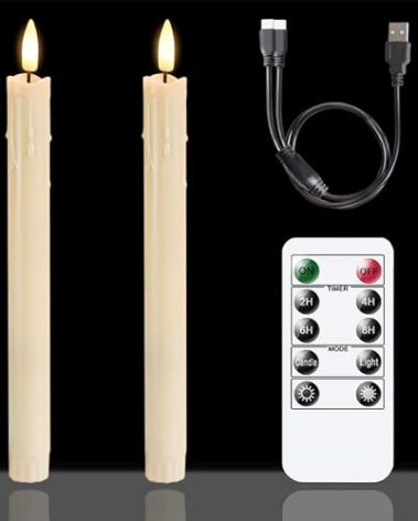 Zevanor Rechargeable Flameless Timer Remote Taper Candles, 2pcs 0.86" x10" LED Flickering Dripping Wax Window Tall Fake Ivory Plastic Candlesticks(USB Charging Cable Included)