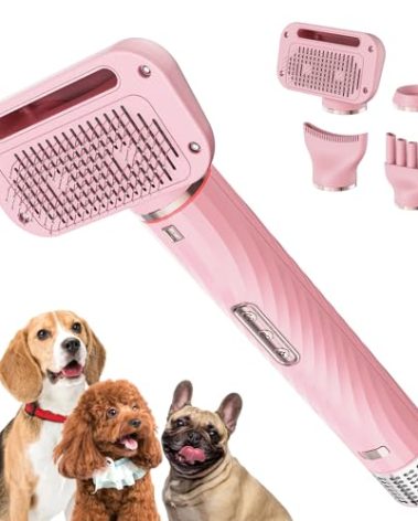 Morlivan Dog Hair Dryer with Slicker Brush, Dog Dryer for Pet Grooming, High Velocity Dog Blow Dryer for Dog Grooming Supplies Low Noise Pet Dryer Grooming Salon Home Use, Pink
