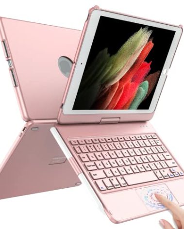 TQQ Touch for iPad 9th Generation Case with Keyboard (10.2", 2021), Multi-Touch Trackpad, 360° Rotatable Protective Cover for iPad Keyboard 9th/8th/7th Gen with Pencil Holder (Rose Gold)