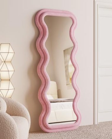 BOJOY Full Length Mirror 63"x24", Irregular Wavy Mirror, Arched Floor Mirror, Wall Mirror Standing Hanging or Leaning Against Wall for Bedroom, Flannel Wrapped Wooden Frame Mirror -Pink