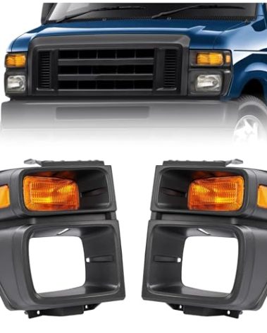 HECASA Pair Front Headlight Bezels w/Turn Signal Light Compatible with 2008-2019 Ford E150 E250 E350 Super Duty Truck Pickup Headlamp Cover Door Bezel Trim Yellow Lens Black Bezel Left&Right Side