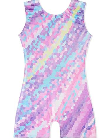 EQSJIU Gymnastics Leotards for Girls Kids Rainbow Mosaic Mermaid Butterfly Stars Leopard Galaxy Tie Dye Cosmos Leopard, Purple Pink, 1-2T