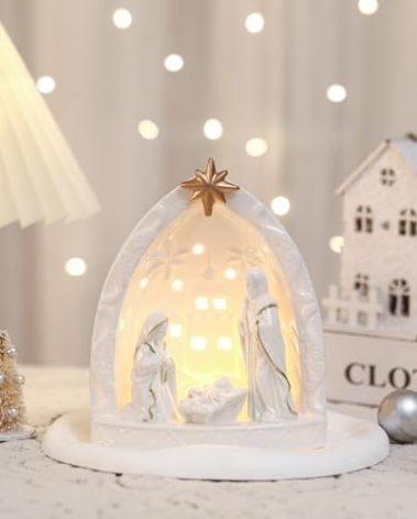 Cindeer Nativity Set for Christmas Indoor,Ceramic Nativity Scene with Light, Porcelain Statue Sculpted Hand Painted Figurine, Holy Family Manger Scene Tabletop Decor Gift(Classic)