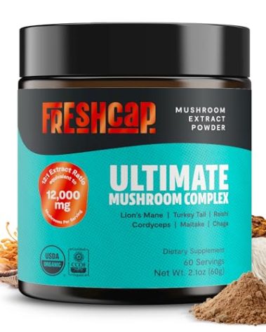 FreshCap Mushrooms Ultimate Mushroom Supplement Powder 12,000mg - Nootropic Organic Mushroom Complex for Focus & Memory, Brain Support Supplement, Ayurveda Mushroom Powder Extract (60 Servings)