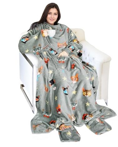 Catalonia Cat & Dog Print Wearable Blanket with Sleeves and Foot Pocket – Ultra-Soft Warm Fleece Long Throw Snuggly Blanket for Sleeping & TV Time – Cozy Christmas Gift for Women & Men