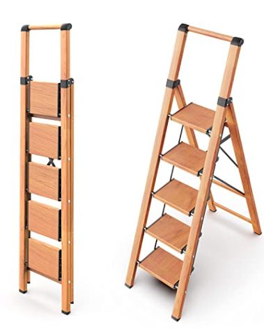 WOA WOA 5 Step Ladder, Ladders for Home, Anti-Slip Pedals, Aluminum Step Stool Foldable, Lightweight to Move, Ease of Storage, Reach 10ft for Closet Kitchen Library, Hold 300lbs - Wood Grain