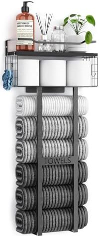 Aetyord Towel Racks for Bathroom 31inch Wall Mounted Towel Rack,Floating Shelf with Wood Plank,Towel Storage for Bathroom can Holds 6 Large Rolled Towels,All Black