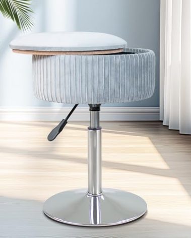 LITZFUR Velvet Vanity Stool for Makeup Room, Round Storage Ottoman Height Adjustable Vanity Chair, 360° Swivel Footrest for Living Room Bedroom, Grey