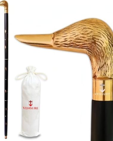 Vensure Vintage Antique Walking Cane Black Wooden Walking Stick with Golden Brass Designer Duck Handle Wooden Walking Cane for Men & Women, Fancy Canes, Ideal Gift