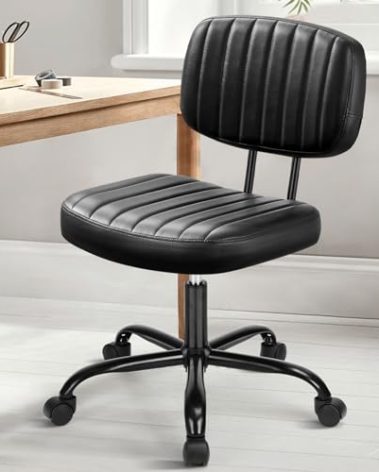 DUMOS Small Armless Home Desk Chair with Low Back Lumbar Support, Height Adjustable PU Leather Computer Task Chair with 360° Swivel Wheels, for Small Space, Kids and Adults, New Black