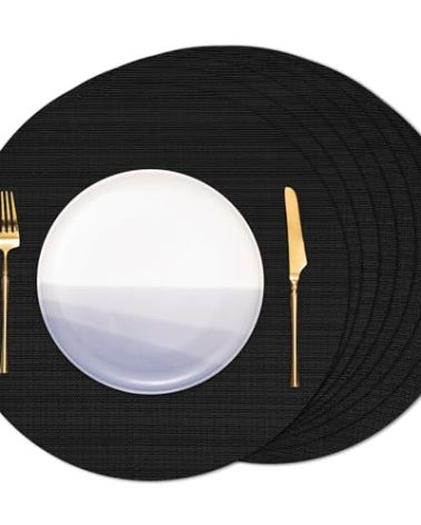 Banchif Round Placemats Set of 8 Heat Resistant Vinyl Placemats 15 inch Washable Non-Slip Table Mats Woven Place Mats for Dining Table (Black, Set of 8)