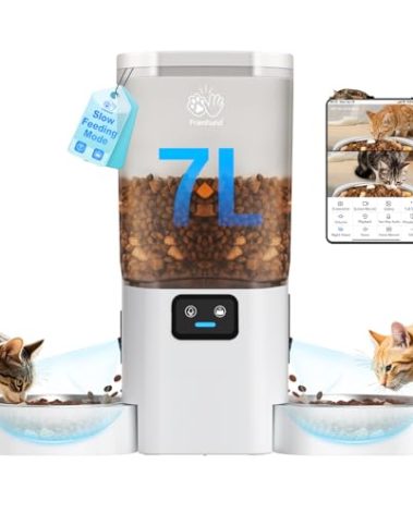 Frienhund Automatic Cat Feeder with Two HD Camera for 2 Cats: 7L Automatic Dog Feeder with Night Vision & Slow Feed, 5G WiFi Auto Cat Food Dispenser for Multiple Pet, Detachable for Cleaning - 29 Cup