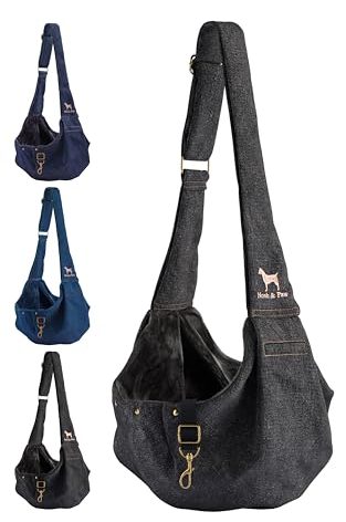 Noah & Paw Dog Sling Carrier for Small Dogs 3-10lb, Dog Sling for Small Dogs and Cats, Dog Carrier with Adjustable Padded Strap, Premium Denim, Lined with Fur, Double Safety Feature, Machine Washable