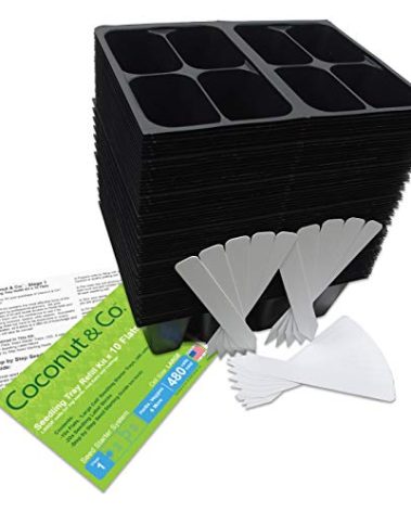 COCONUT & CO. Large Cells, Seed Starter Trays, 10 Flats (480 Cells), 20 Plant Labels and Step by Step Seed Starting Guide, Stage 1 (120 Trays; Four-Cells Per Tray) Made in USA, Refill Kit