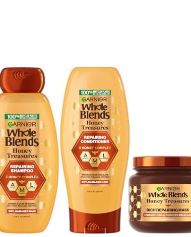 Garnier Whole Blends Honey Treasures Repairing Shampoo, Conditioner + Hair Mask Set for Dry, Damaged Hair (3 Items), 1 Kit (Packaging May Vary)