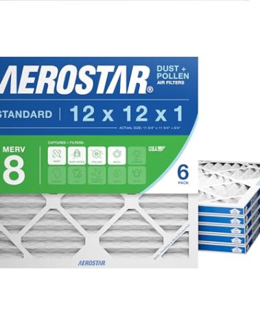 Aerostar 12x12x1 MERV 8 Air Filter, 6 Count, ACTUAL SIZE (11.75 x 11.75 x 0.75), HVAC, Air Conditioning & Furnace Filter Captures Dust, Lint & Pollen (MPR 600 / FPR 5), Made in USA