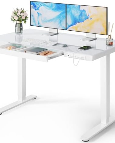 Marsail Glass Standing Desk with Drawer, 48 x 24 inch Electric Standing Desk, Height Adjustable Desk with One-Piece Tabletop & USB Charging Ports, Sit Stand Desk with Storage for Home & Office White