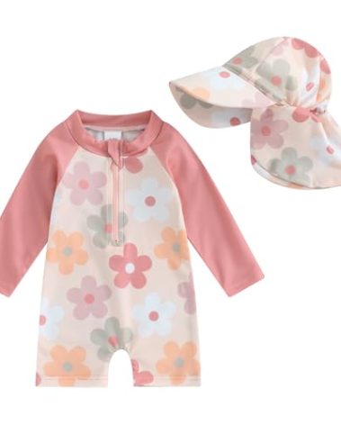 Socutebabe Toddler Infant Baby Boys Girl Swimsuit Kids Rash Guard One Piece Newborn Zipper Bathing Suit Swimwear with Hat (B-Floral Pink,2-3T)