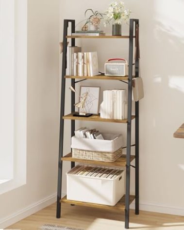 Hzuaneri Ladder Shelf, Bookshelf Bookcase, Freestanding Corner Storage Shelve with 2 Hooks for Home Office, Living Room, Kitchen, Bedroom, Industrial, 11.8" D x 23.6" W x 63" H, Rustic Brown BC19301B