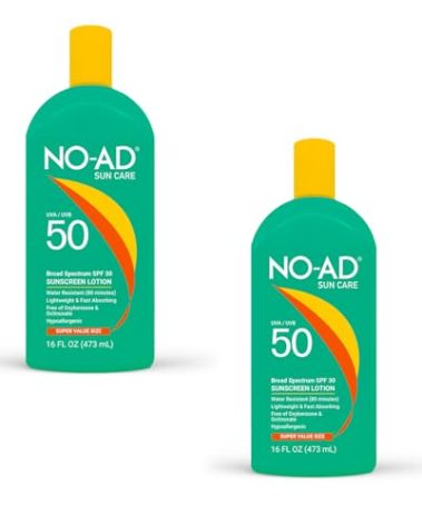 NO-AD SPF 50 Sunscreen Lotion | Hypoallergenic | Broad Spectrum UVA/UVB Protection | Water Resistant | Octinoxate & Oxybenzone Free with moisturizing Vitamin E and Aloe 16oz | Pack of 2