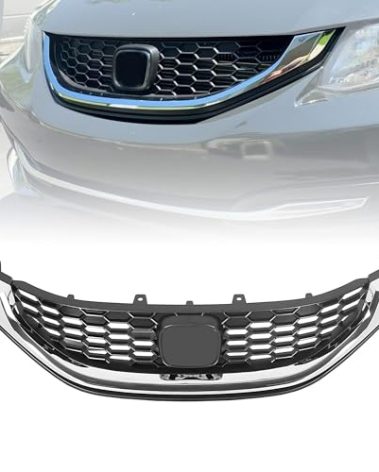 ECOTRIC Front Grill Compatible with 2013 2014 2015 Honda Civic Sedan HO1200216 HO1202109 71121TR3A01 71122TR3A01 Front Bumper Hood Grille W/Chrome Molding