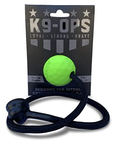 K9 Ops Dog Ball on a Rope Moki Tug Toy - Solid Rubber Fetch Training Reward - Large Dogs Durable Indestructible Chewers Pitbull Dobermann Rottweiler Shepherd (Envy Green - Black Rope)