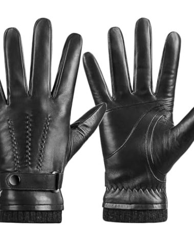 Potopok Winter Sheepskin Leather Gloves for Men, Warm Touchscreen Driving Handwear with Soft Cashmere Lining for Outdoor Use(Black-M)