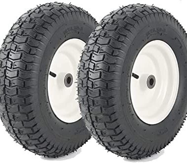(2-Pack) 16x6.50-8 Pneumatic Tires on Rim - Universal Fit Lawn Mower and Yard Tractor Wheels - With Chevron Turf Treads - 3" Centered Hub and 3/4" Bushings - 396 lbs Max Weight Capacity