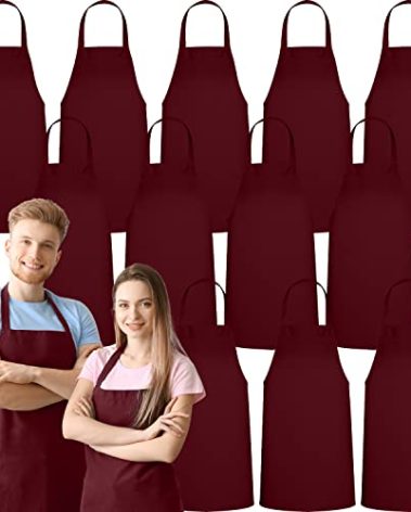 GREEN LIFESTYLE 12 Pack Professional Chef Apron – Grilling Aprons for Men, Waterproof Cooking Apron for BBQ, Work or Restaurant Use, Kitchen Aprons for Women – Burgundy, No Pockets
