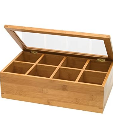 Lipper International Bamboo Wood Tea Box with Clear Lid, 8 Compartments, 12-1/2" x 7-1/2" x 3-5/8"