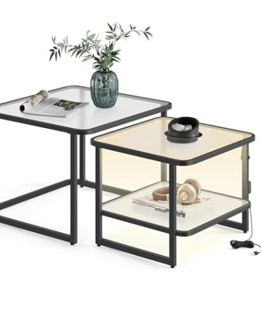 VASAGLE Nesting Tables Set of 2, Frosted Glass Coffee Table with LED Lights, Modern Square Side Tables with Bottom Shelf, for Living Room, Bedroom, Office, Cloud White and Ink Black ULCT246B01