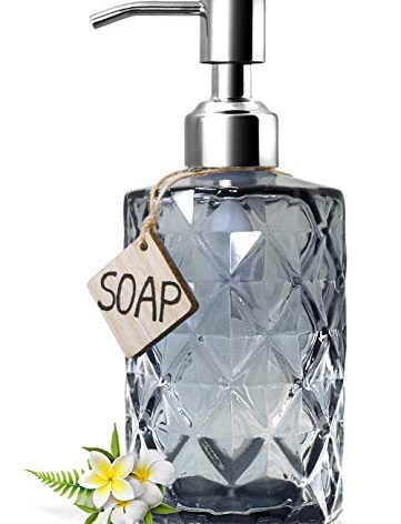 JASAI Diamond Design Glass Soap Dispenser with 304 Rust Proof Stainless Steel Soap Pump, 12 Ounce Kitchen Soap Dispenser for Bathroom, Hand Soap, Dish Soap (Grey)