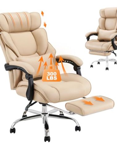 COLAMY Office Chair with Retractable Footrest, Ergonomic High Back Design Executive Computer Desk Chair with Removable Lumbar Pillow, 90-135°Reclining, Thick Bonded Leather for Home Office Work, Khaki