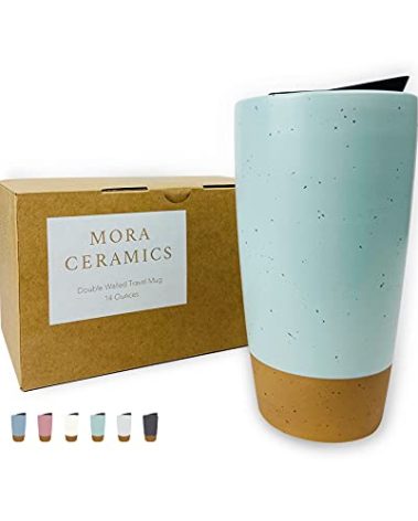 Mora Double Wall Ceramic Coffee Travel Mug with Lid, 14 oz, Portable, Microwave, Dishwasher Safe, Insulated Reusable Tall Cup, Splash Resistant Lid - To Go Tumbler for Car Cup Holder, Seafoam