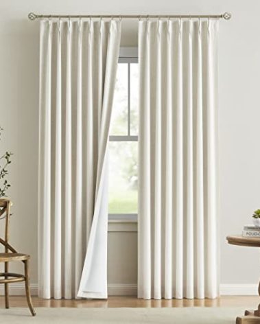 Vision Home Natural Pinch Pleated Full Blackout Curtains Linen Blended Room Darkening Window Curtains 95 inch for Living Room Bedroom Thermal Insulated Pinch Pleat Drapes with Hooks 2 Panel 40"Wx95"L