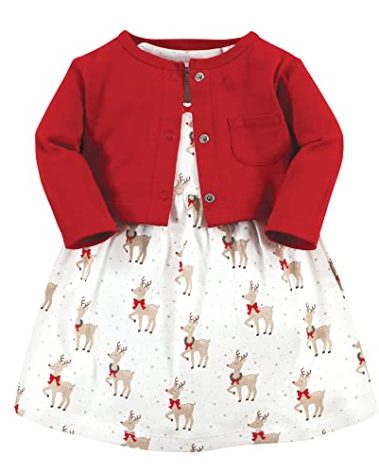 Hudson Baby Infant and Toddler Girl Cotton Dress and Cardigan Set, Fancy Rudolph, 5 Toddler