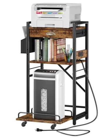 Homeiju 3-Tier Printer Stand with Storage Drawer,Large Tall Printer Table with Power Outlet,Side Pocket and Adjustable Shelf for Home Office,Stand Cart for Computer PC Tower CPU Shredder,Brown