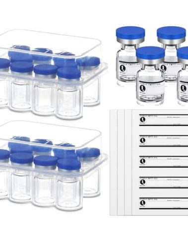 Threlaco 20 Pcs 1ml Sealed Sterile Empty Vials with Self Healing Injection Port Glass Penicillin Bottle with 20 Label Stickers(Blue)