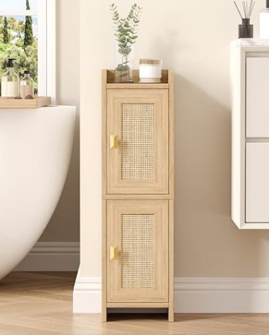 Akxomel Rattan Small Bathroom Cabinet with 2 Doors, Narrow Toilet Paper Storage Cabinet, Bathroom Organizer for Small Spaces, Wooden Slim Corner Floor Unit with Adjustable Shelves, Natural Oak
