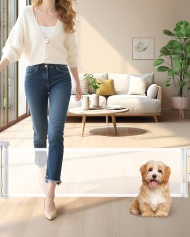 Short Dog Gate,14" Tall Retractable Baby Gate to Step Over, Puppy Mesh Pet Gates Doggy for Doorways Stairs, Extends up to 59" Wide for Kitchen Hallways Indoor, White