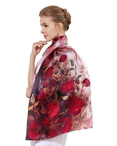 WindamazingStory Women's 100% Charmeuse Mulberry Silk Long Scarf For Gift Hair Ladies Shawls Floral And Butterfly Scarves, Orange, Large