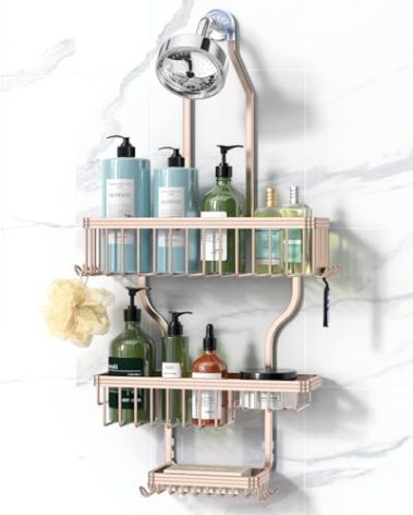 YASONIC Shower Caddy Hanging - Never Rust Shower Organizer - Aluminum over The shower head caddy with 10 Hooks for Razor/Sponge - Shower Rack with Soap Basket - Rose Gold