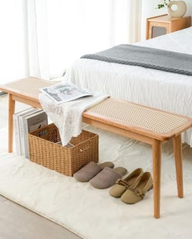 Towood Lifee Entryway Bench, Solid Wood Dining Bench, Midcentury Modern End of Bed Bench with Rattan Woven Top for Bedroom, Kitchen, Entry Way, 47.2" L x 11.2" W x 17.7" H, Natural