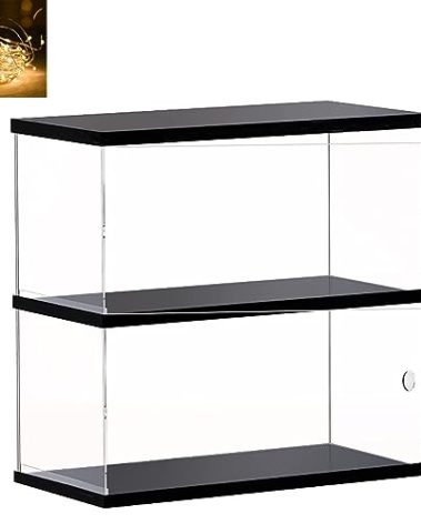 Clear Acrylic Display Case for Mini Funko Pop Figures with Light, 2 Layer Storage Cabinet Shelf Showcase for Toys Mini Figures Collectibles Rock Stone Crystals, Wooden Black Finish 10.2x4.7x11.4inch