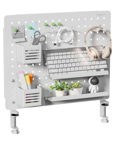 PEGZONE Clamp-on Desk Pegboard, Desk Organizer for Office Gaming Home, Magnetic Metal Peg Board with 15 Accessories, Privacy Panel for Office, 20.4" x 16.5", Large, White