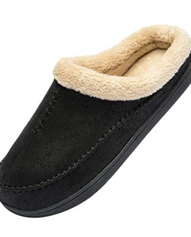 WOTTE Men's Moccasin Slippers Microsuede Fleece Fuzzy Lined Memory Foam House Shoes for Indoor Outdoor Size 10.5 Black