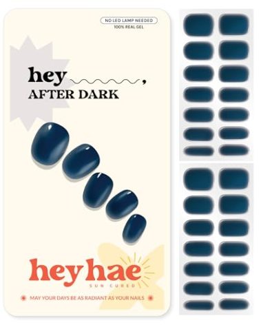 heyhae Semi Cured Gel Nail Strips | No LED Lamp Needed | Fall, Navy, Solid, Jelly | Easy Apply & Remove, Salon Quality | Includes 28 Strips, 1 Prep Pads, Nail File & Wooden stick - Hey, After Dark